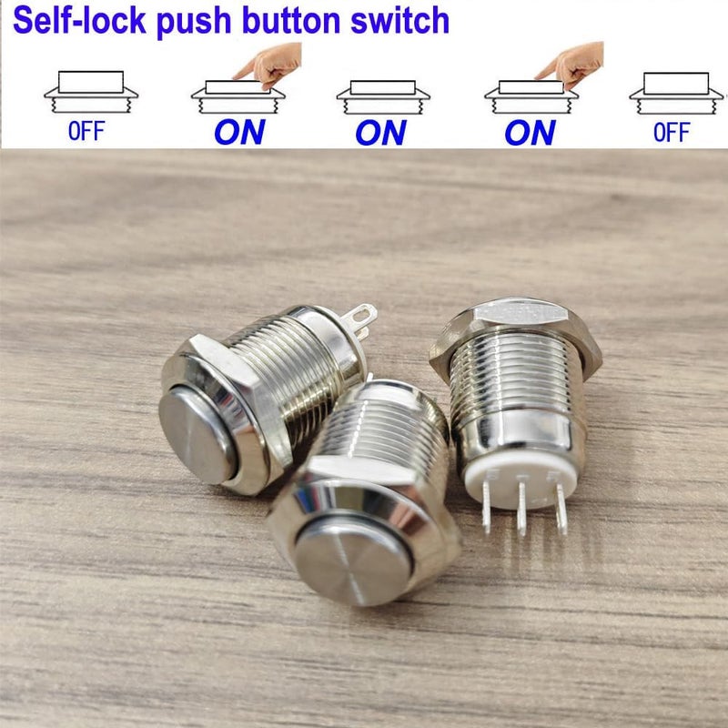 Gebildet 3Pcs 12mm Waterproof Latching Metal Push Button 3pin NO/NC Push Button On Off 1A 12V/24V/125V/250V AC (High Head) - Image 3