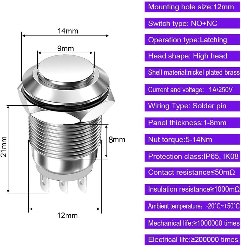 Gebildet 3Pcs 12mm Waterproof Latching Metal Push Button 3pin NO/NC Push Button On Off 1A 12V/24V/125V/250V AC (High Head) - Image 5