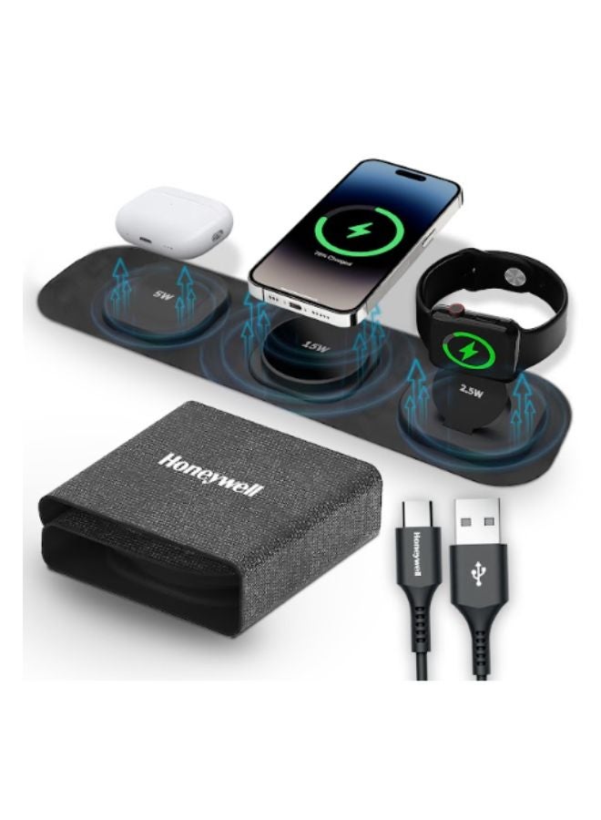 Honeywell Zest Wireless 3In1 Foldable Magsafe Compatible 15W Wireless Charger For Iphone 1215 Supports Qc 3 All Apple Watch Series Airpods 2 3 Pro Ultrafast Charging Up To 15W Black Black - Image 1