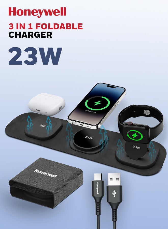 هوني ويل شاحن لاسلكي Zest Wireless 3 في 1 قابل للطي ومتوافق مع MagSafe بقوة 23 وات لهاتف iPhone 12-15، يدعم QC 3.، وجميع سلاسل Apple Watch، وAirpods 2،3، وpro، وشحن فائق السرعة حتى 23 وات - Image 1