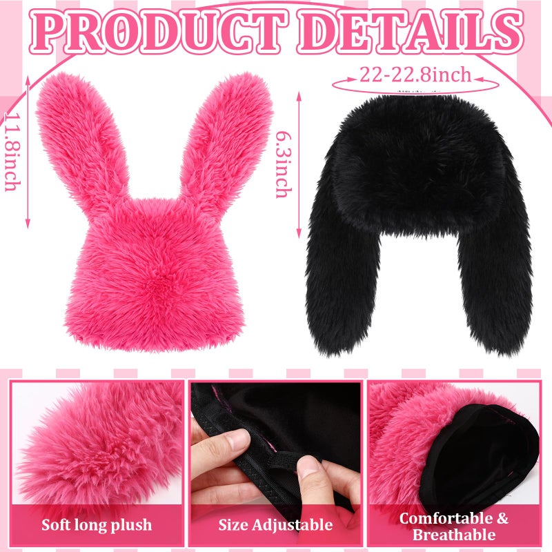 Halfchet 2 Pcs Y2k Fuzzy Bunny Hat Plush Furry Beanie Cute Long Bunny Ears Hat Pink and Black Slouchy Fluffy Warm Winter Rabbit Cap for Women Indoor Outdoor Cold Weather Winter Halloween Christmas - Image 2