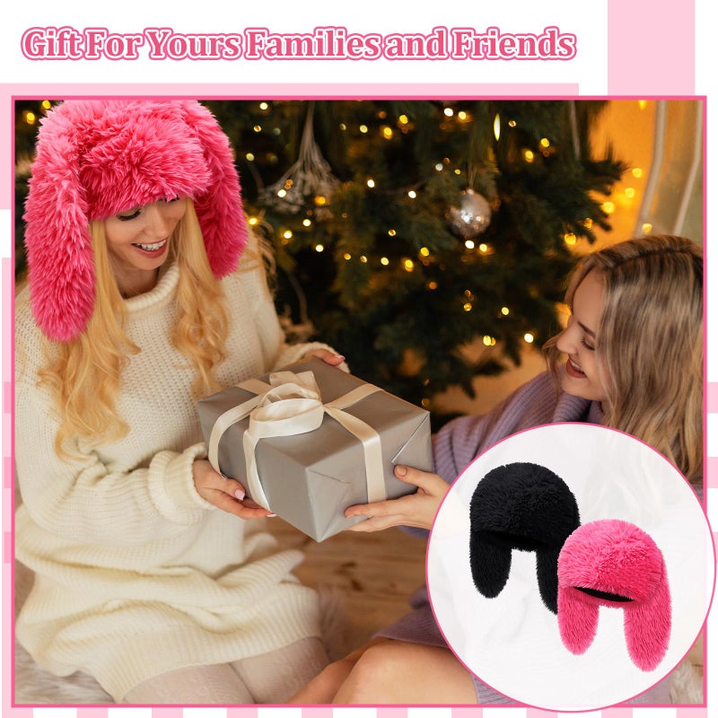 Halfchet 2 Pcs Y2k Fuzzy Bunny Hat Plush Furry Beanie Cute Long Bunny Ears Hat Pink and Black Slouchy Fluffy Warm Winter Rabbit Cap for Women Indoor Outdoor Cold Weather Winter Halloween Christmas - Image 4