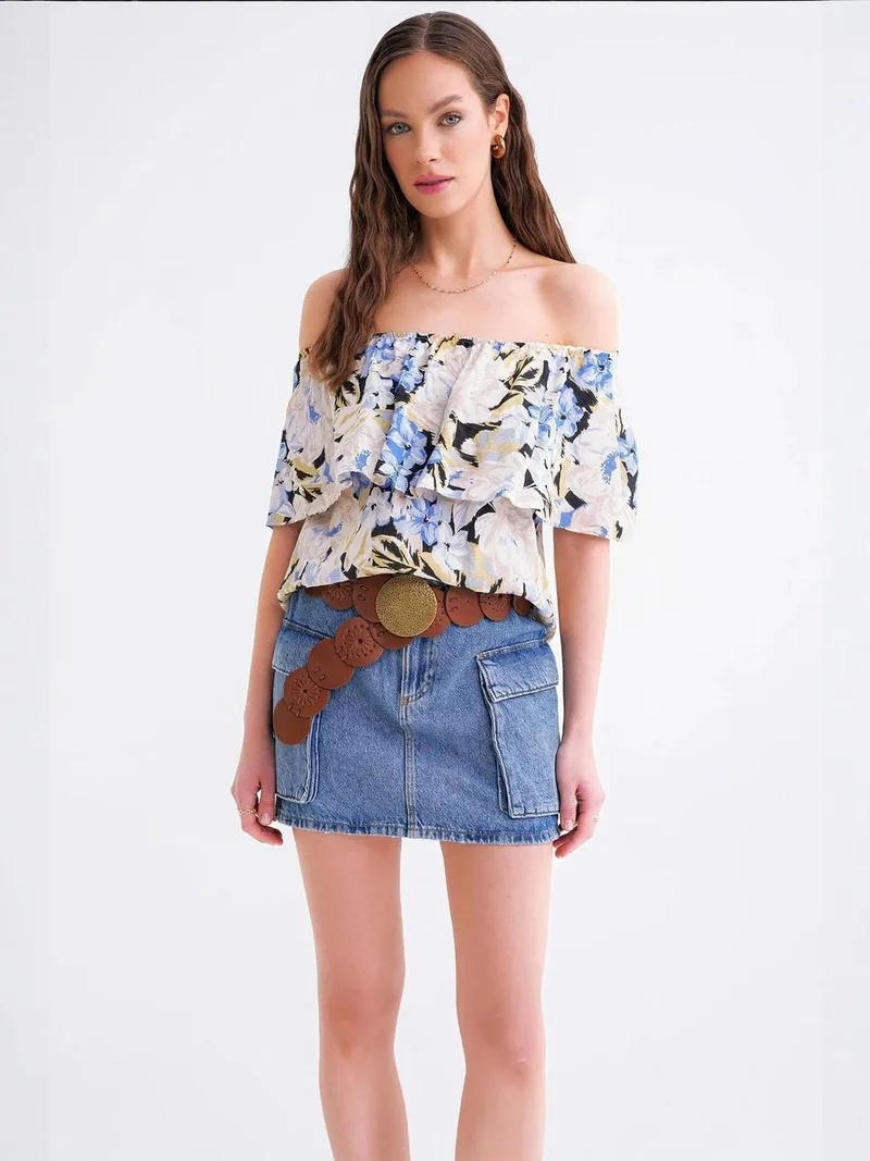 MixRay Mixray Floral Print Off Shoulder Blouse