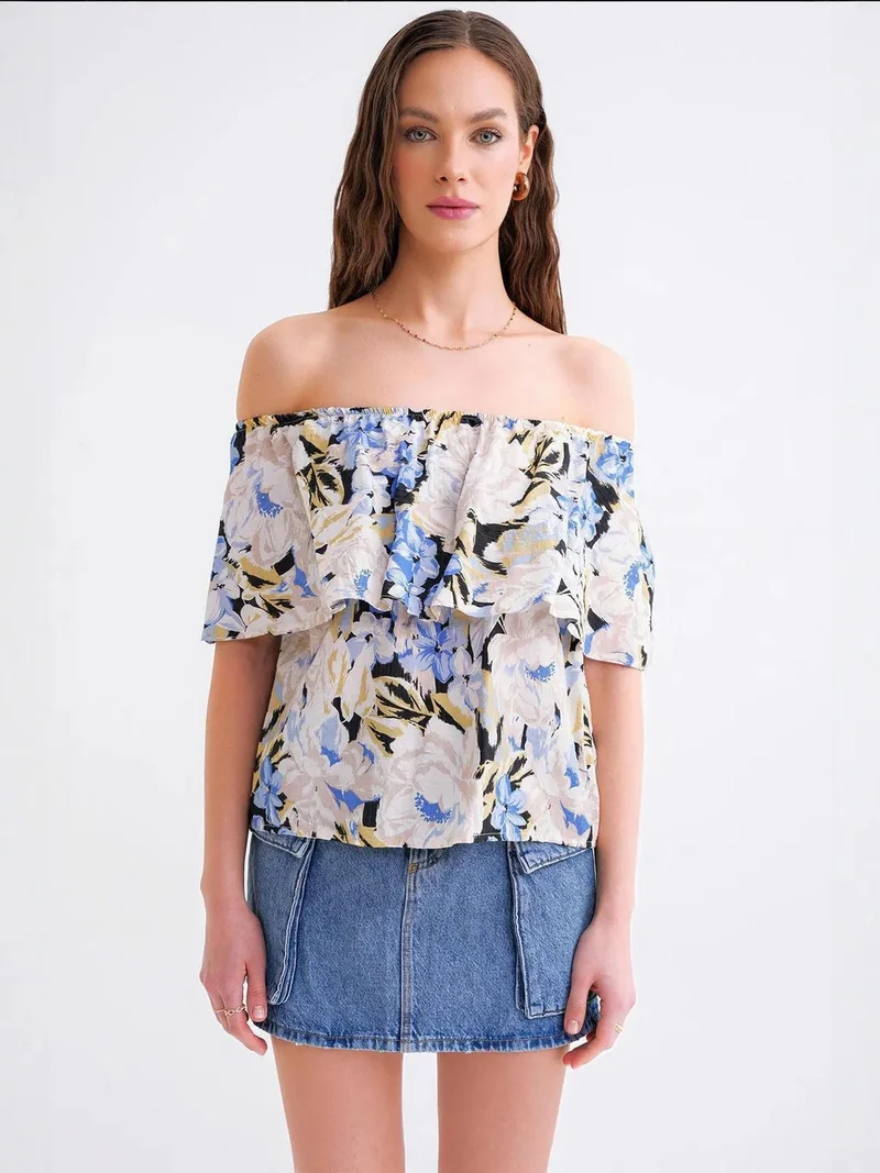 MixRay Maya Blue Mixray Floral Print Off Shoulder Blouse for Women | Best Price UAE