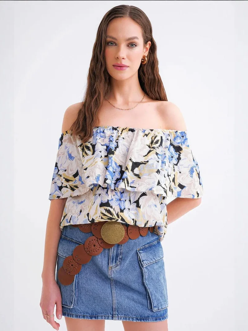MixRay Maya Blue Mixray Floral Print Off Shoulder Blouse for Women | Best Price UAE