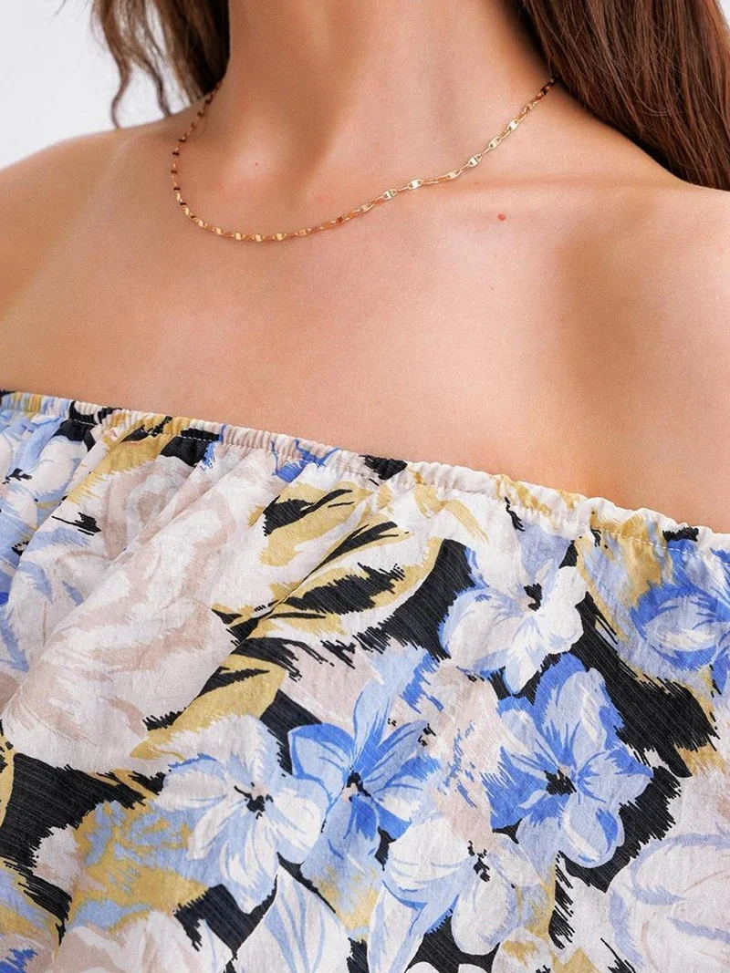 MixRay Maya Blue Mixray Floral Print Off Shoulder Blouse for Women | Best Price UAE