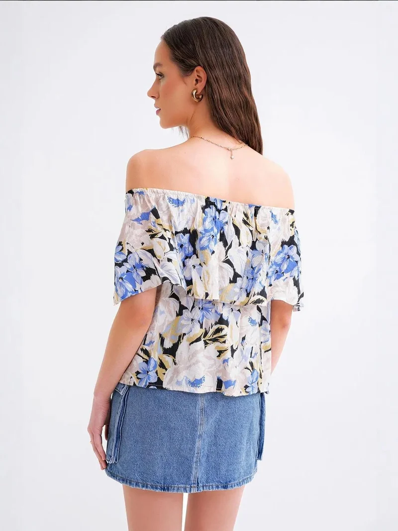 MixRay Maya Blue Mixray Floral Print Off Shoulder Blouse for Women | Best Price UAE