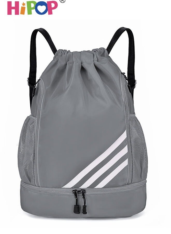 Drawstring Backpack Lightweight Sports Gym Bag, Water-Resistant Gym Sack String Bag for Men Women, Large Capacity Basketball Bundle Pocket Student School, Grey