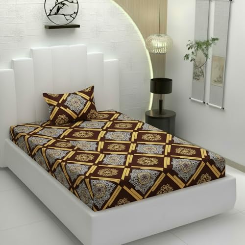 Filymore Flat Single Bed Sheet for Single Bed with 1 Pillow Cover -240 TC Pure Microfiber Single bedsheet/bedcover for Single Size Bed, Color Golden and Brown (90x60 inches) - Image 1