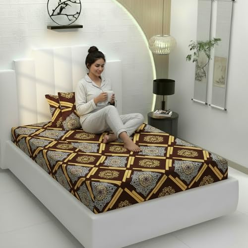 Filymore Flat Single Bed Sheet for Single Bed with 1 Pillow Cover -240 TC Pure Microfiber Single bedsheet/bedcover for Single Size Bed, Color Golden and Brown (90x60 inches) - Image 3