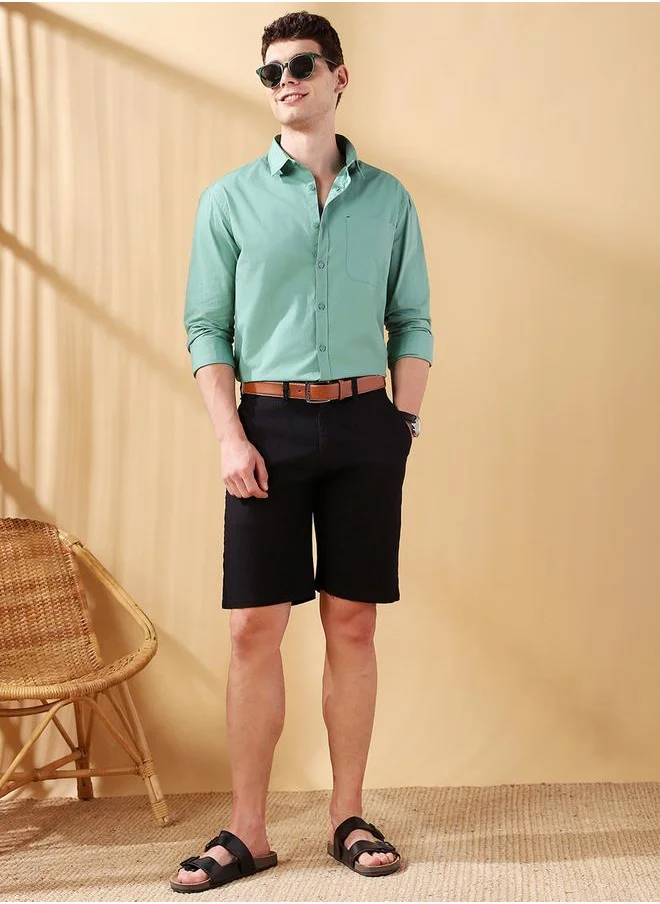 Dennis Lingo Regular Fit Stripes Black Cotton Slub Mid rise Waist Knee Length Length Woven Weave Bermuda for Men with Button/Zip Closure -a timeless essential for modern wardrobes.