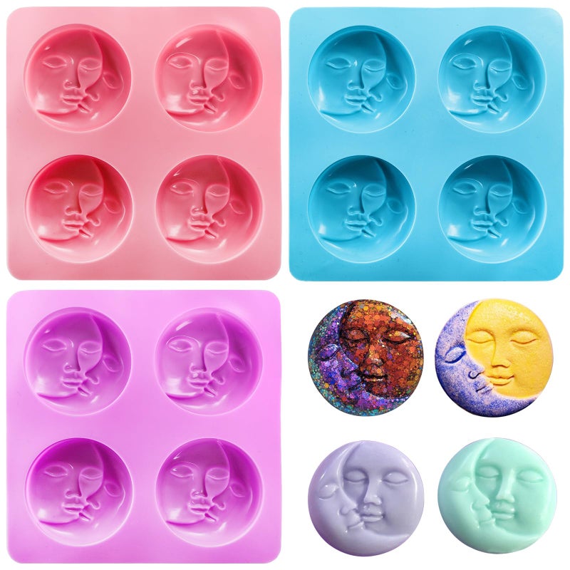 Hedume 3 Pack Sun  Moon Silicone Soap Molds 4 Cavity Sun  Moon Face Soap Molds Crescent Moon Face Silicone Soap Mold for Handmade Bath Bombs Lotion Bar Polymer Clay DIY Resin Making