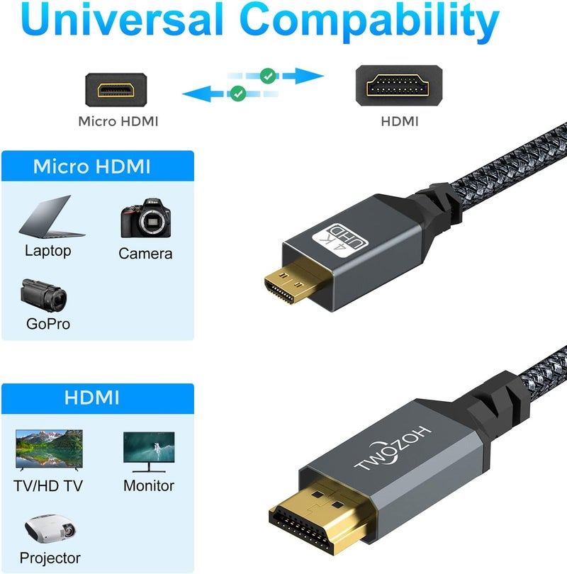 توزوه كابل من نوع Micro HDMI إلى HDMI بطول 10 أقدام، عالي السرعة، يدعم تقنيات 3D و4K بمعدل 60 هرتز ودقة 1080p. - Image 2