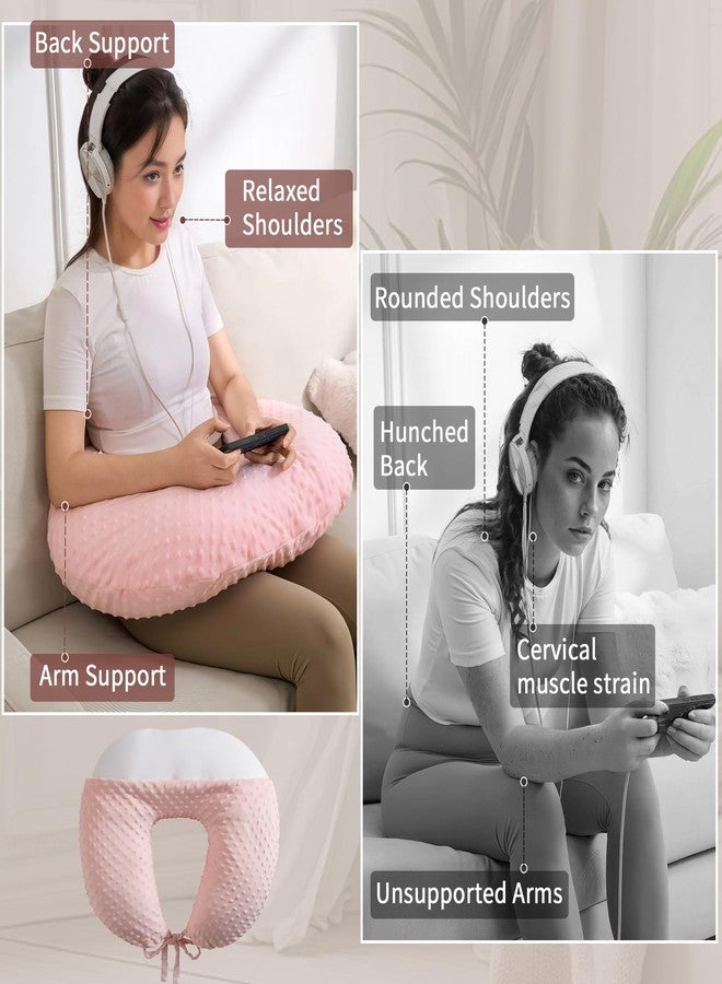 RUSHANPEACE Reading Pillow for Gaming Reading Crochet, U Shaped Arm Support Pillow with Removable Cover Reducing Arching Neck for Adult Reading and Working Sitting on Bed Sofa for Arm Rest (Pink) - Image 2