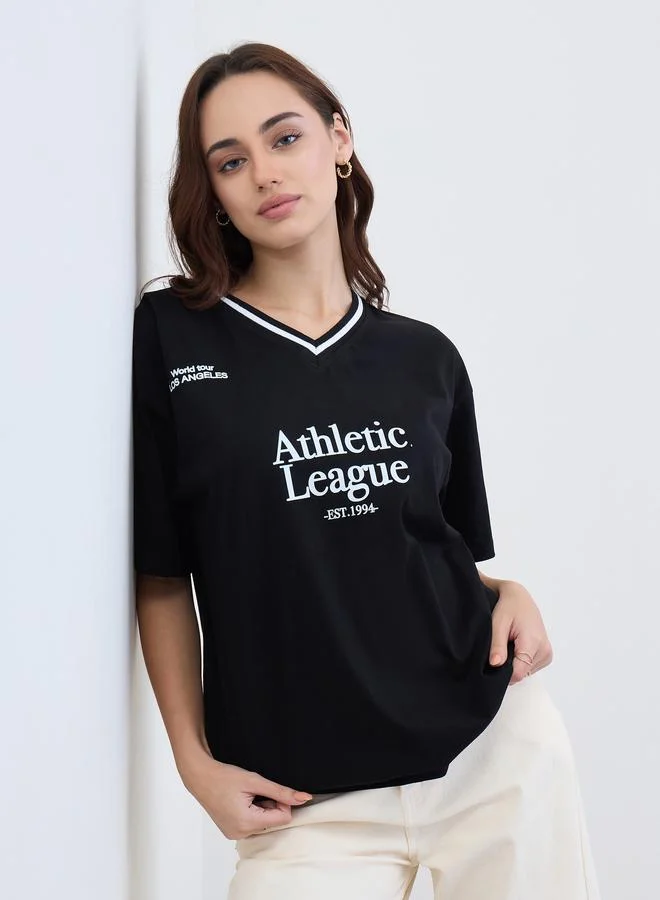 Styli Black Oversized Varsity Slogan T-Shirt
