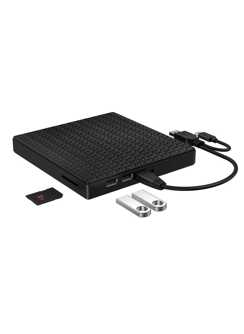 ELIKLIV External CD DVD Drive, USB 3.0 USB-C CD DVD RW Reader Rewriter with SD TF Card Reader & USB-Stick, Supe rdrive for Laptop PC Windows10/8/7/ Vista/XP/Mac OS and Linux (Black)  - Image 1