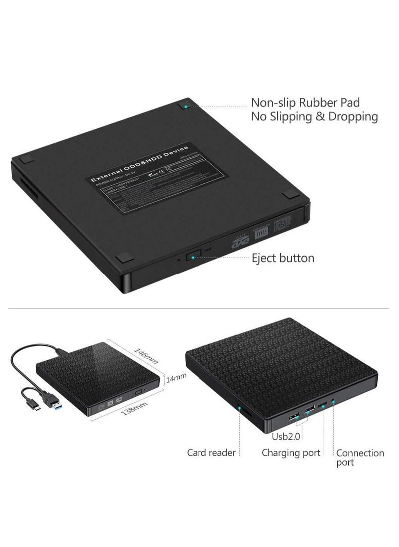 ELIKLIV External CD DVD Drive, USB 3.0 USB-C CD DVD RW Reader Rewriter with SD TF Card Reader & USB-Stick, Supe rdrive for Laptop PC Windows10/8/7/ Vista/XP/Mac OS and Linux (Black)  - Image 2