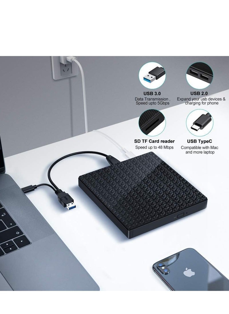 ELIKLIV External CD DVD Drive, USB 3.0 USB-C CD DVD RW Reader Rewriter with SD TF Card Reader & USB-Stick, Supe rdrive for Laptop PC Windows10/8/7/ Vista/XP/Mac OS and Linux (Black)  - Image 3