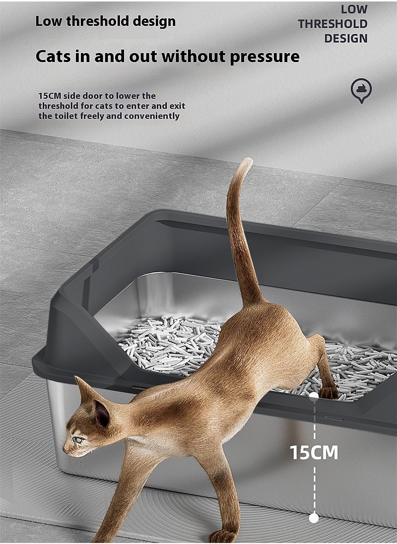 Kidle - Stainless Steel Cat Litter Box Metal Litter Pan Tray with High Wall Semi-Closed Side Door Pet Litter Box - Image 1