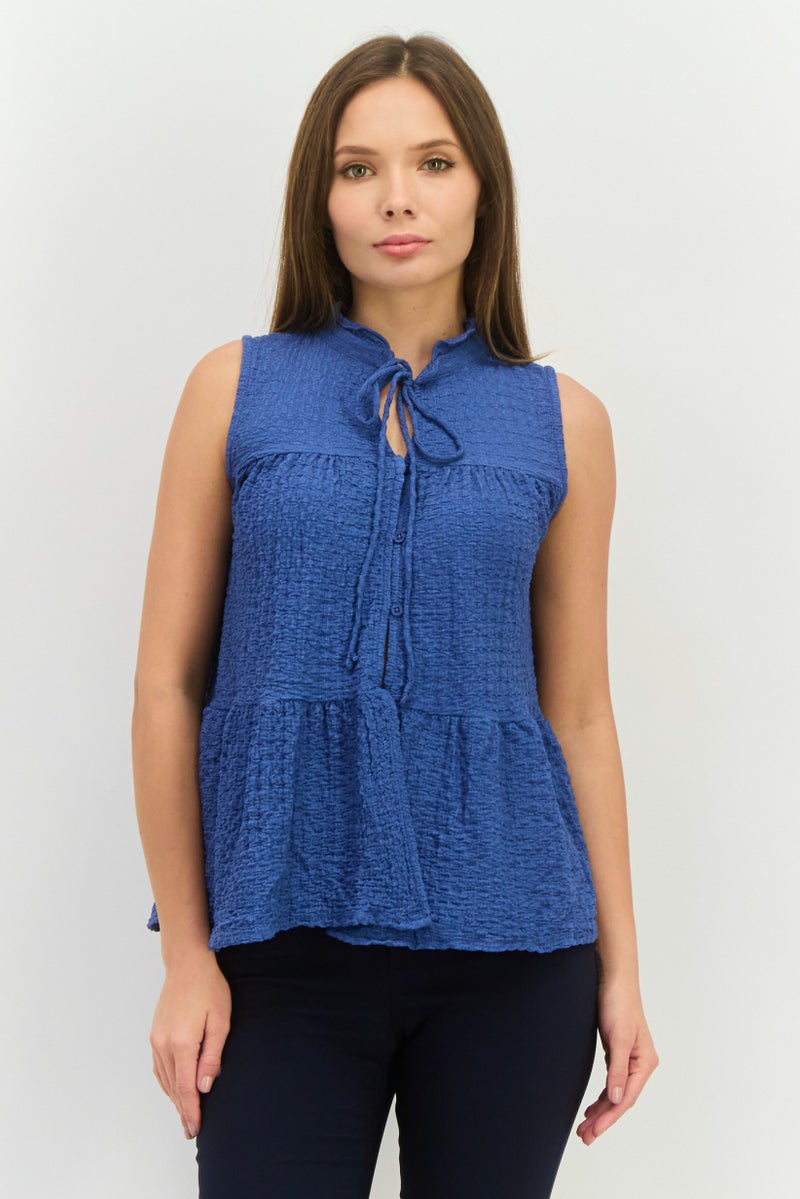 Pull & Bear Women Tie Neck Sleeveless Textured Tank Top, Slate Blue  - Image 1