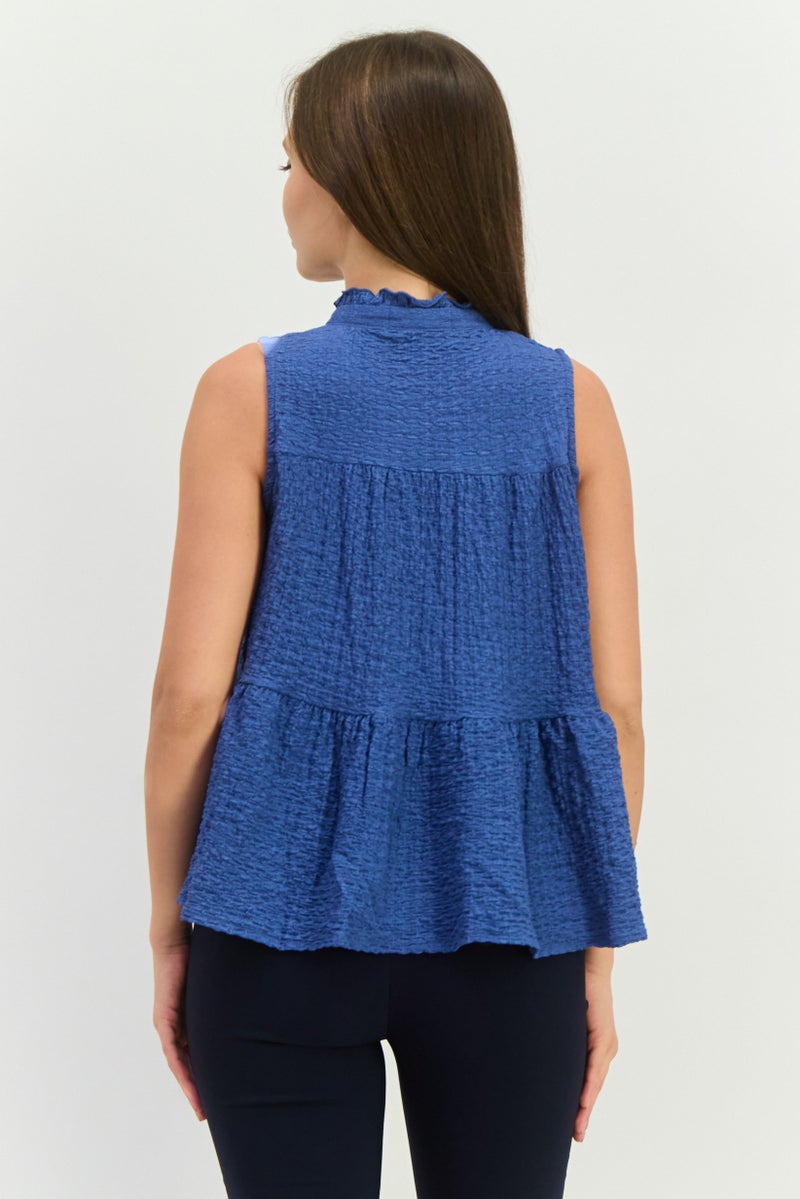 Pull & Bear Women Tie Neck Sleeveless Textured Tank Top, Slate Blue  - Image 3