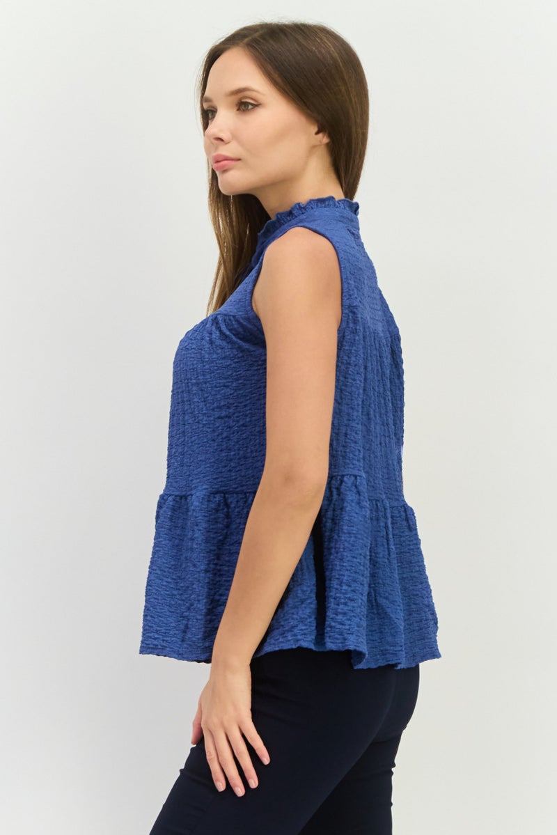 Pull & Bear Women Tie Neck Sleeveless Textured Tank Top, Slate Blue  - Image 2