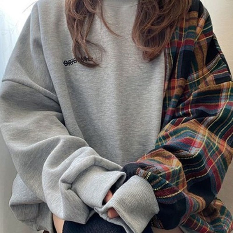 2024 Korean-style Popular Niche Design Sense Round Neck Plaid Stitching Long Sleeve Printed Loose Pullover Sweat for Women 566 black - Image 4