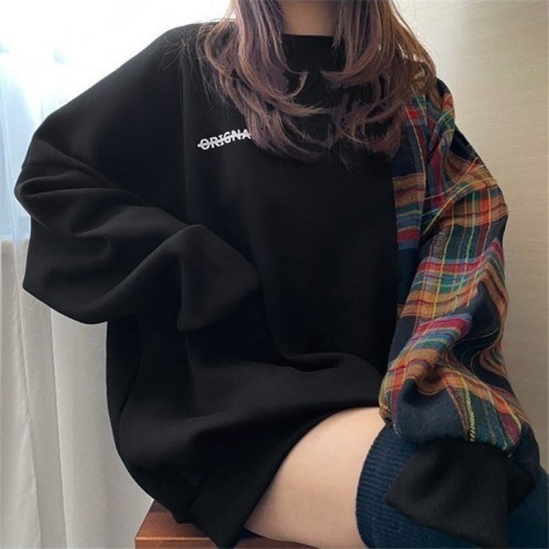 2024 Korean-style Popular Niche Design Sense Round Neck Plaid Stitching Long Sleeve Printed Loose Pullover Sweat for Women 566 black - Image 3