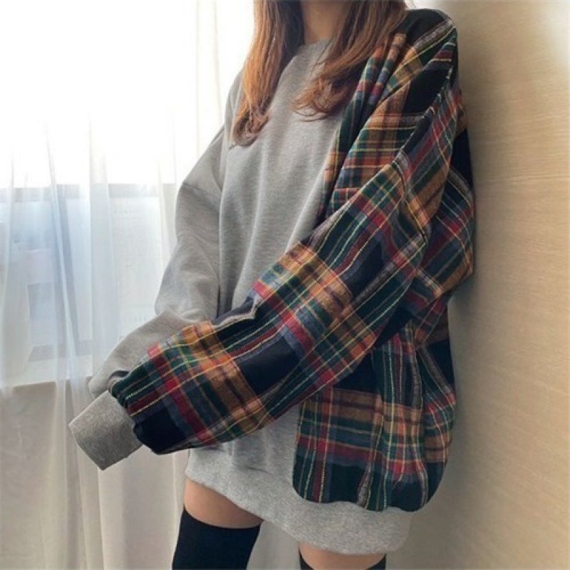 2024 Korean-style Popular Niche Design Sense Round Neck Plaid Stitching Long Sleeve Printed Loose Pullover Sweat for Women 566 black - Image 5