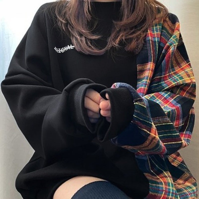 2024 Korean-style Popular Niche Design Sense Round Neck Plaid Stitching Long Sleeve Printed Loose Pullover Sweat for Women 566 black - Image 1