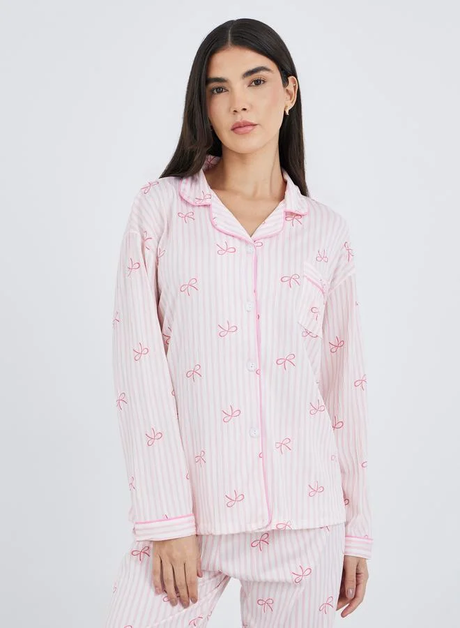 Take Two Take Two Bowknot Print Cotton Shirt and Pyjama Set