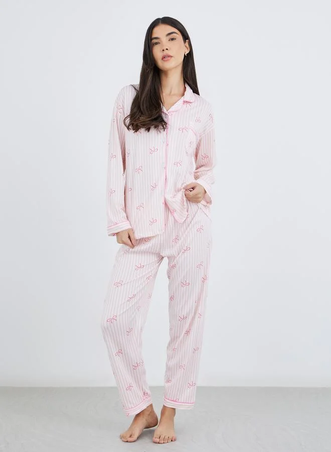 Take Two Take Two Bowknot Print Cotton Shirt and Pyjama Set