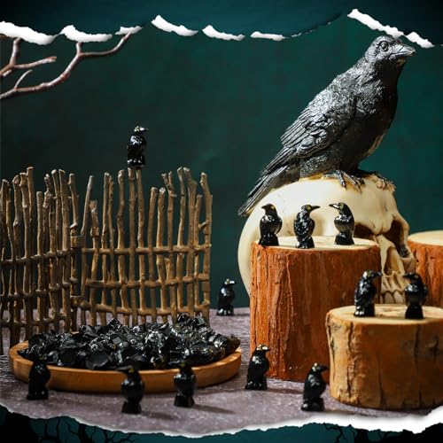Sonwyoung 50 Pcs Halloween Miniature Crows Decor Mini Resin Crows Figures Black Raven Figurines Tiny Resin Animals for Halloween Scene Micro Landscape Spooky Party Table Decor - Image 5