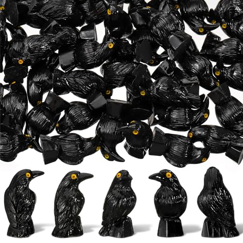 Sonwyoung 50 Pcs Halloween Miniature Crows Decor Mini Resin Crows Figures Black Raven Figurines Tiny Resin Animals for Halloween Scene Micro Landscape Spooky Party Table Decor - Image 1