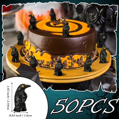 Sonwyoung 50 Pcs Halloween Miniature Crows Decor Mini Resin Crows Figures Black Raven Figurines Tiny Resin Animals for Halloween Scene Micro Landscape Spooky Party Table Decor - Image 2