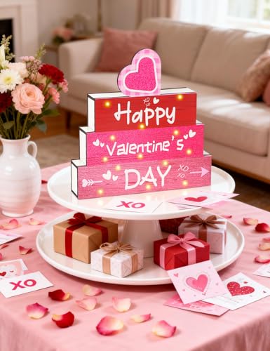 Diltik Valentine’s Day Wooden Table Decor with LED Lights, Happy Valentine’s Day Heart Sign, Light Up Wood Centerpiece for Home Tabletop, Shelf and Mantel Decoration - Image 3