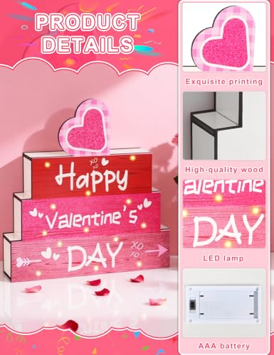 Diltik Valentine’s Day Wooden Table Decor with LED Lights, Happy Valentine’s Day Heart Sign, Light Up Wood Centerpiece for Home Tabletop, Shelf and Mantel Decoration - Image 5