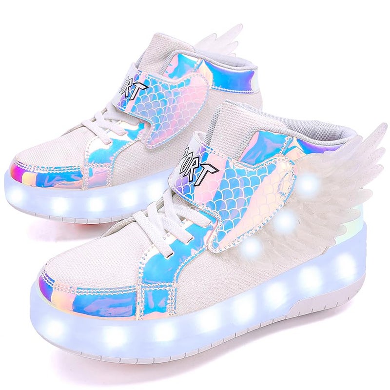 HHSTS Roller Skates, Heelys Girls Boys, Sneakers with Wheels LED Light, Shiny Balance Skates Kids, Skate Shoes Skates for Kids Ages 6-12 Birthday 12.5 Little Kid, White - Image 2