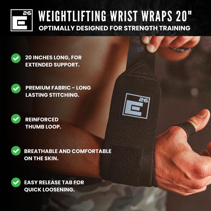 Element 26 Weight lifting Wrist Wraps 20" Heavy Duty Wrist Support Brace with Thumb Loop - Wrist Wraps for Strength Training and Wrist Protection, Weightlifting for Men and Women - Image 2