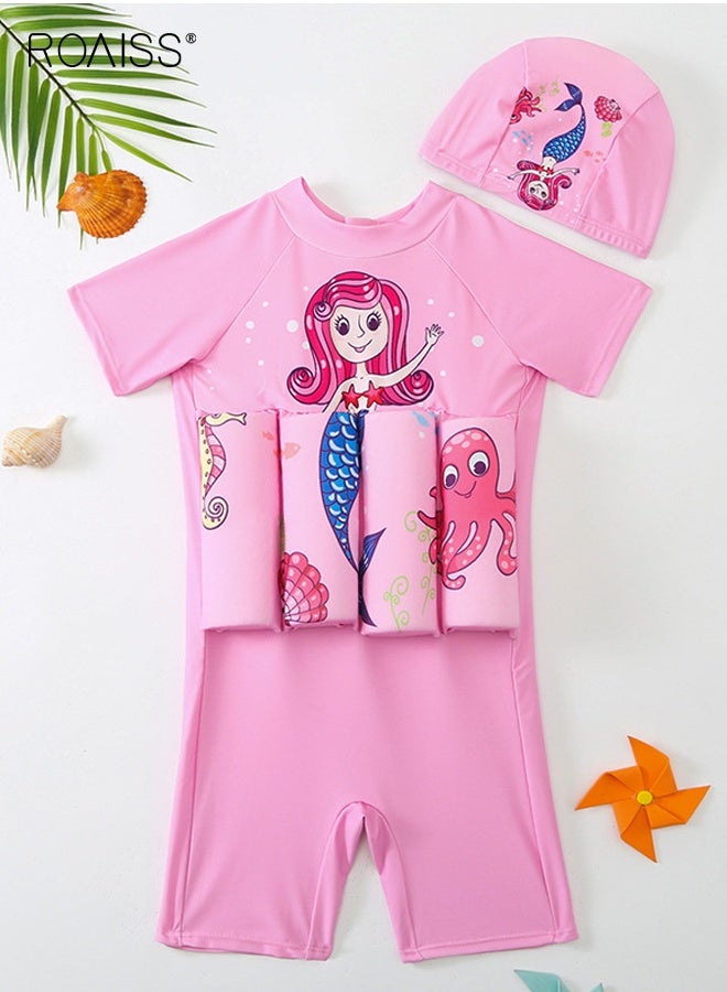 roaiss Girls' Zipper One Piece Swimsuit with Cap, Short Sleeve Floatsuit with Adjustable Buoyancy, Summer Floatation Bathing Suit with Mermaid Style, Beach Rash Guard Swimwear for Toddler Girls  - Image 2