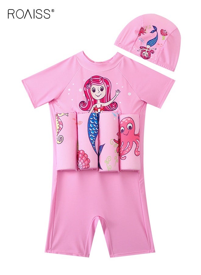 roaiss Girls' Zipper One Piece Swimsuit with Cap, Short Sleeve Floatsuit with Adjustable Buoyancy, Summer Floatation Bathing Suit with Mermaid Style, Beach Rash Guard Swimwear for Toddler Girls  - Image 1