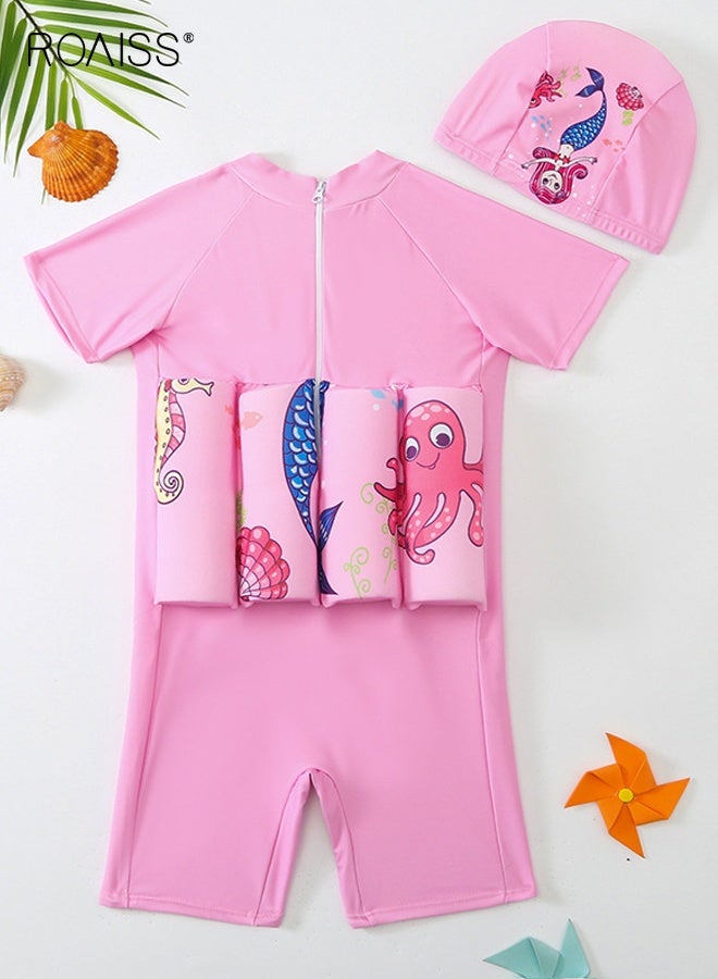 roaiss Girls' Zipper One Piece Swimsuit with Cap, Short Sleeve Floatsuit with Adjustable Buoyancy, Summer Floatation Bathing Suit with Mermaid Style, Beach Rash Guard Swimwear for Toddler Girls  - Image 3