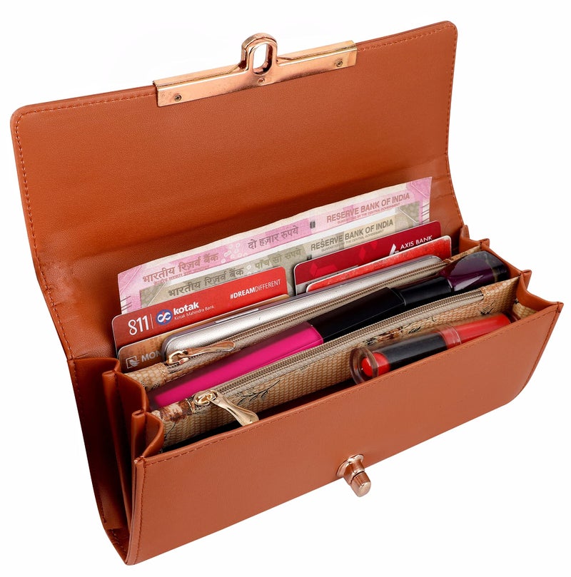 ALSU Women's Tan Wallet Clutch Purse | 4 Card Pocket| Twist Lock Closure| Phone Pocket (ldu-012tan) - Image 4