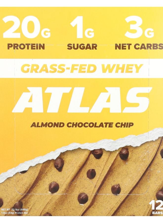 ATLAS Grass-Fed Whey Protein Bar Almond Chocolate Chip 12 Bars 1.9 oz (54 g) Each