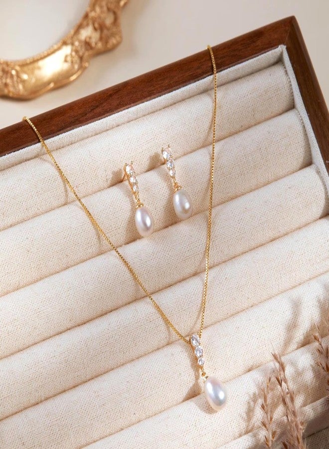 HENGSHENG Pearl Jewelry Set For Women Freshwater AAAA Pearl Pendant Necklace & Earrings 18K Gold Plated with Sparkling Cubic Zirconia Jewelry Set for Wedding Prom Gift - Image 5
