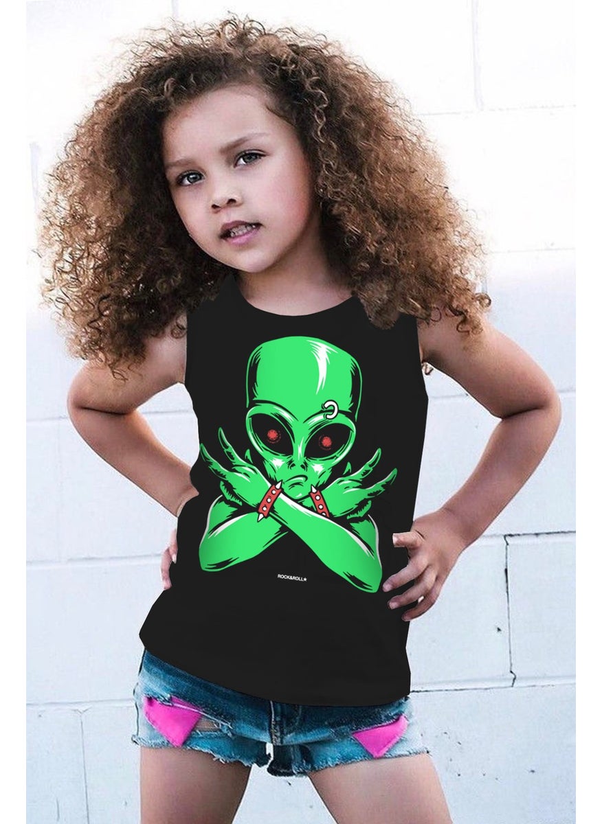 Rock&Roll Alien Rocker Black Cut Sleeve | Sleeveless Girls Boys Unisex Kids T-Shirt | Undershirt 