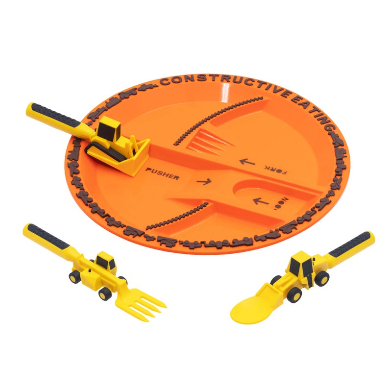 Constructive Eating Plate and Utensils Set - USA-Made Toddler Dinnerware with Divided Plates (Construction) - Image 1