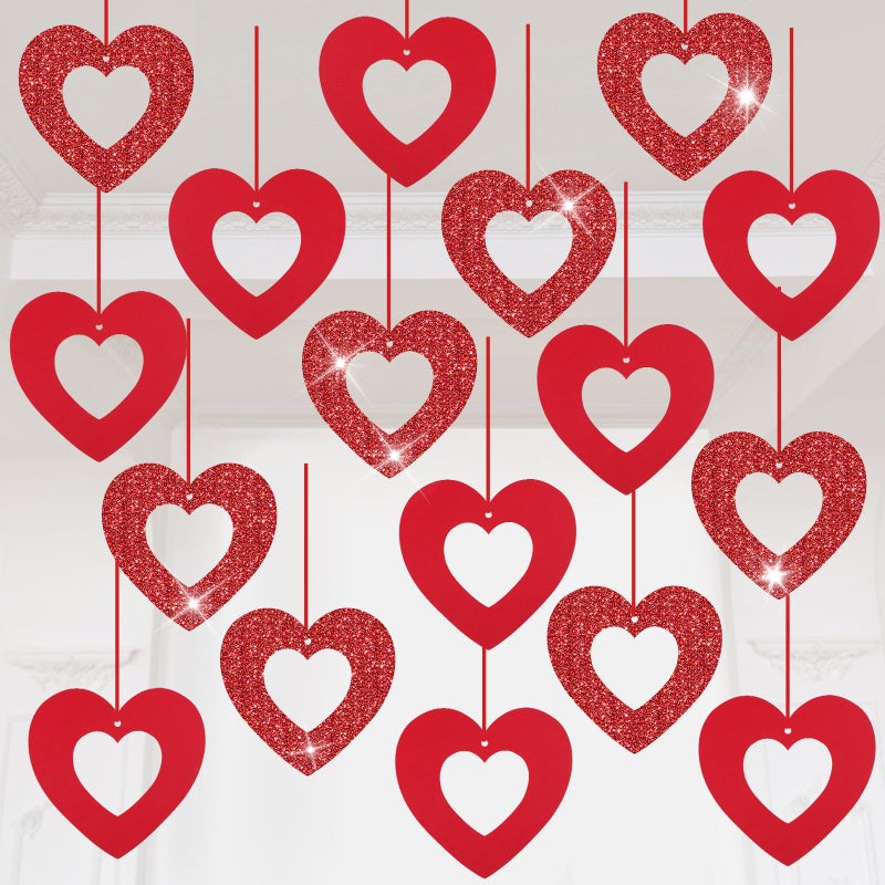 QOUBAI 28Pcs Valentine's Day Decorations Valentines Glitter Heart Hanging Swirls Heart Love Cutouts Ornament for Bridal Shower Engagement Anniversary Wedding Valentine Party Supplies Decoration - Image 1
