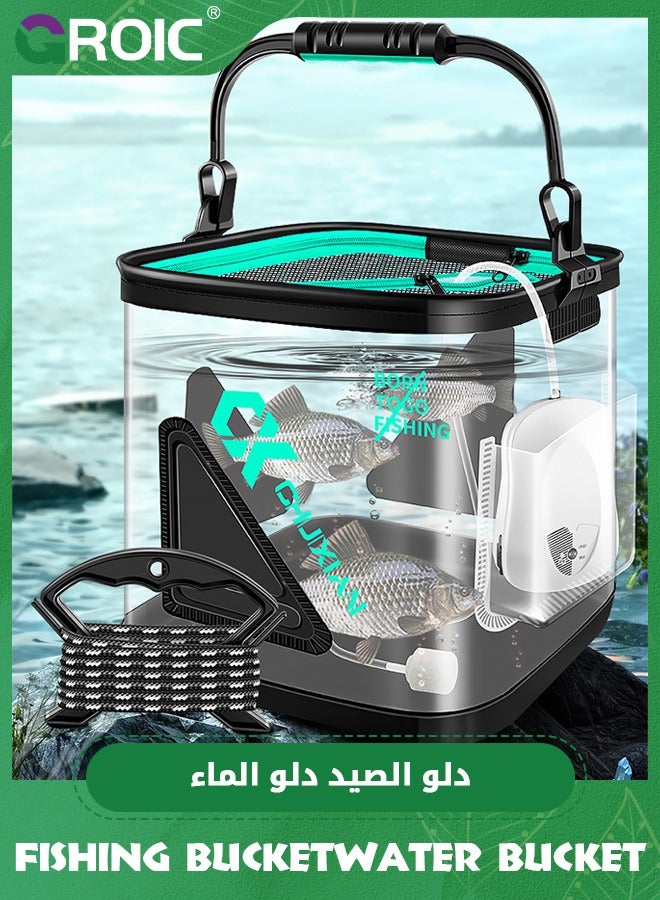 GROIC 13L Fishing Bucket with Top Cover, Foldable Fish Bait Bucket, Multifunctional Minnow Bucket, Live Fish Container, Fish Protection Bucket, for Hiking Fishing Camping Traveling Boating with Meters Rope - Image 2