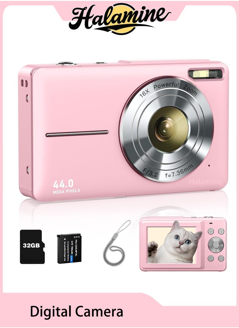 Halamine Digital Camera, FHD 1080P  Kids Camera,with 32GB Memory Card ，44MP Point Digital  Camera , Compact Small Camera for Kids (Pink)  - Image 1